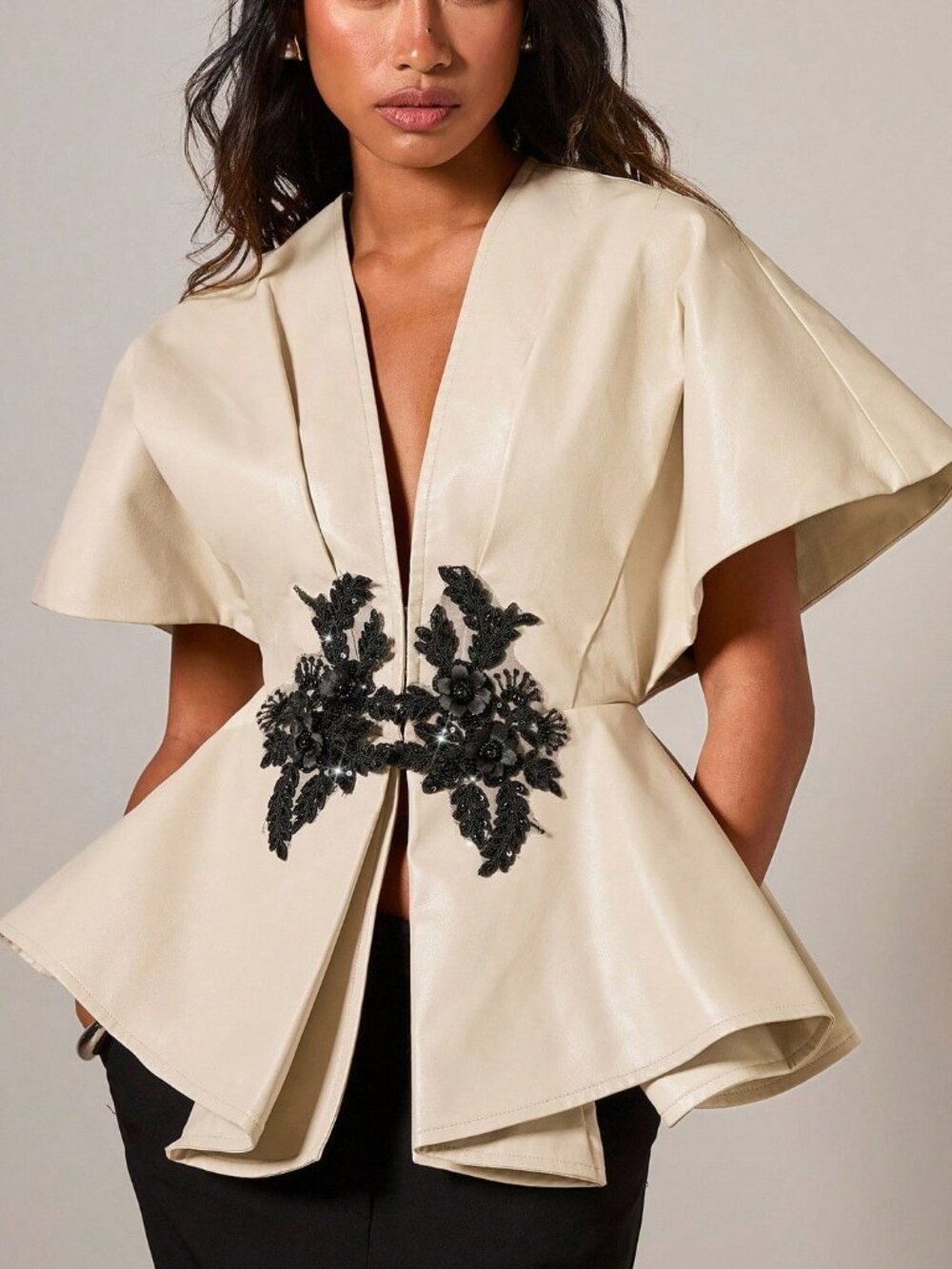 Apricot Elegant Women's Waist Cinched fauc leaher Applique detail Kimono Blouse